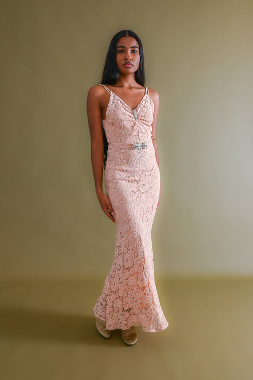 1930s Peach Lace Gown + Capelet Ensemble [xs/sm] – Demetra Vintage