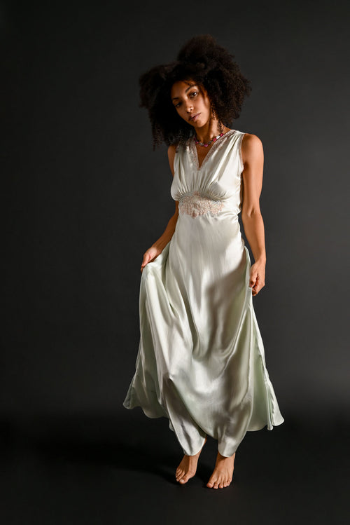 1930s Seafoam Blue Silk + Lace Gown [xs/sm]