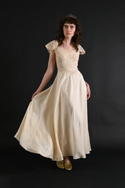 1930s Ivory Pintucked Silk and French Lace Gown [xs/sm]