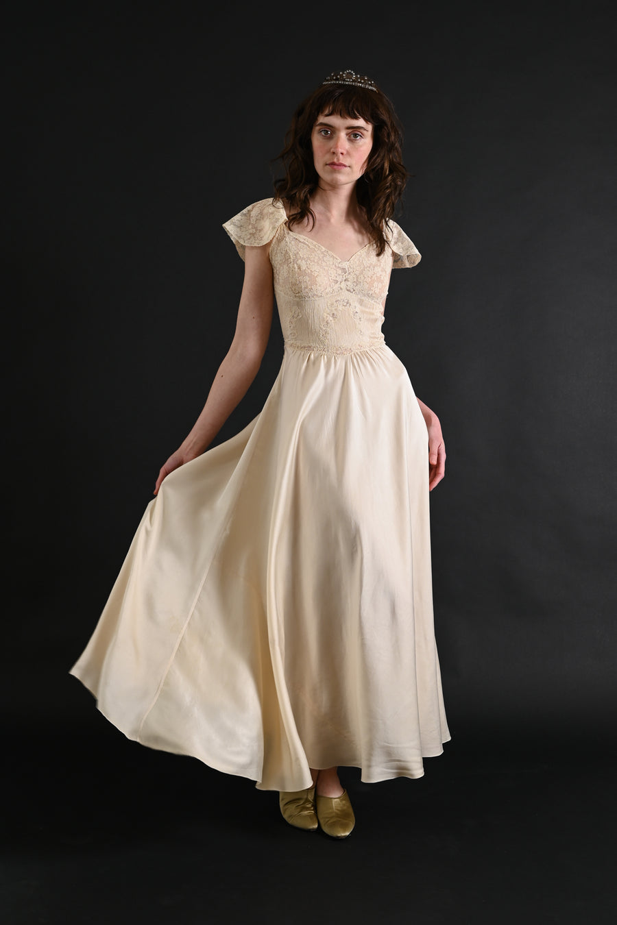 1930s Ivory Pintucked Silk and French Lace Gown [xs/sm]