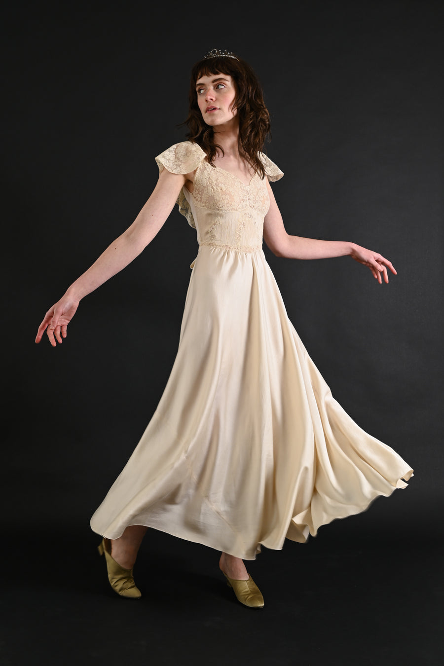 1930s Ivory Pintucked Silk and French Lace Gown [xs/sm]