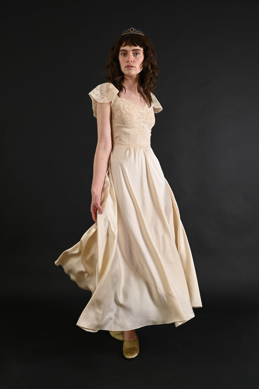 1930s Ivory Pintucked Silk and French Lace Gown [xs/sm]