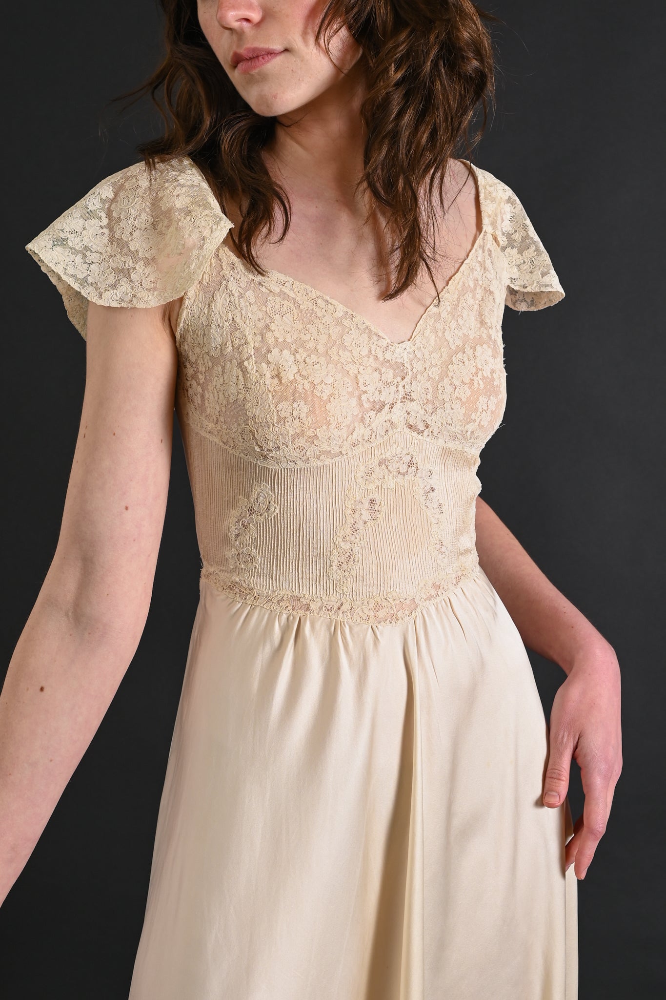 1930s Ivory Pintucked Silk and French Lace Gown [xs/sm]