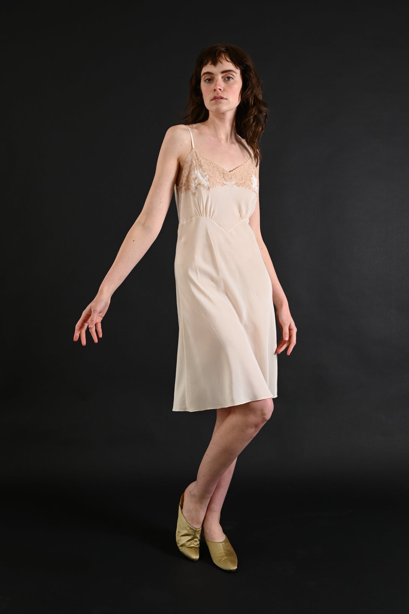 vintage lace slip dress 1930's Dusty Pink Silk Chiffon with Cream Eveliina fringe and black lace trims Vintage Brown Lace Slip Dress