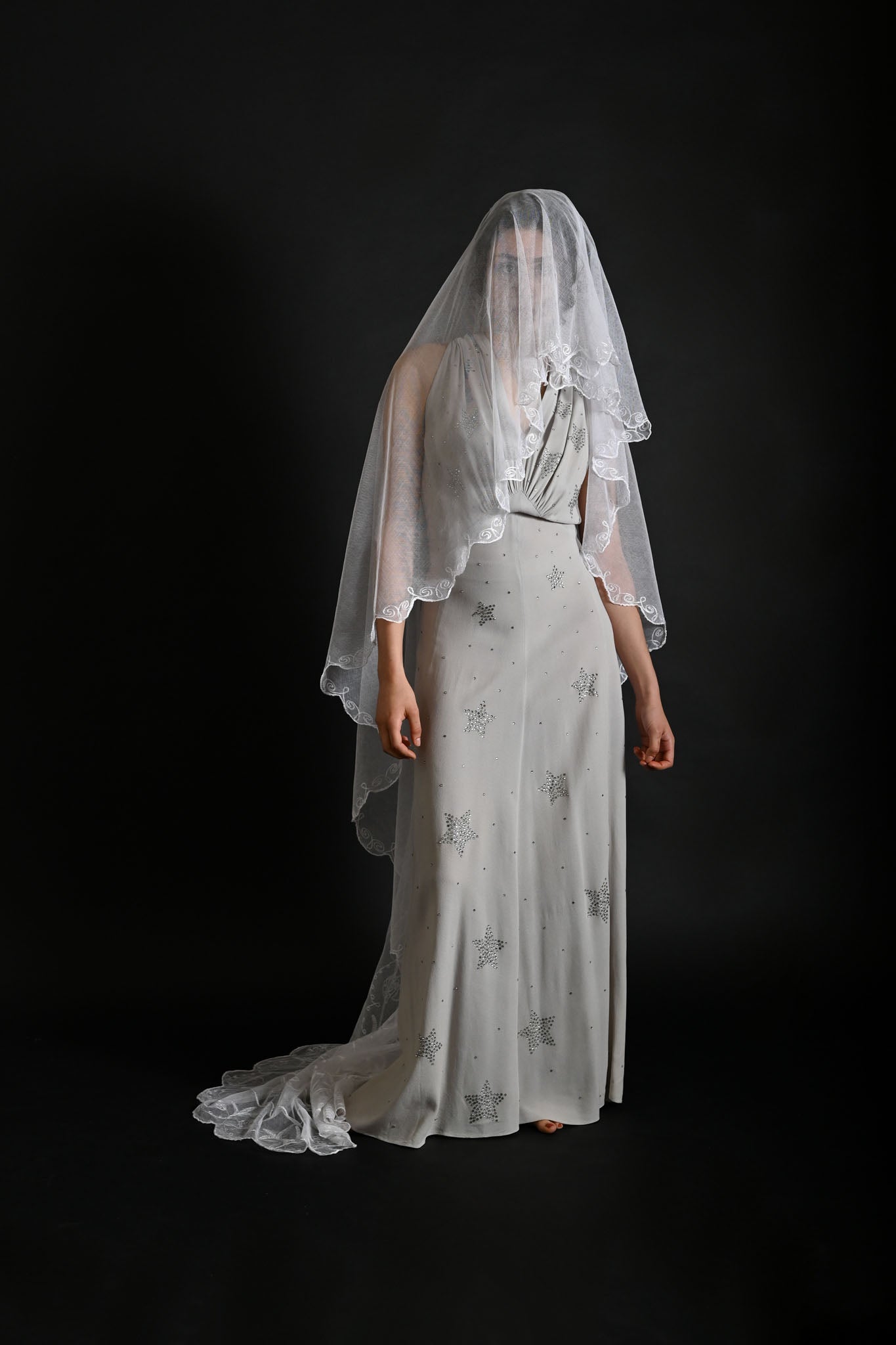 1920s Art Deco Soutache + Tambour Embroidered Oval Veil
