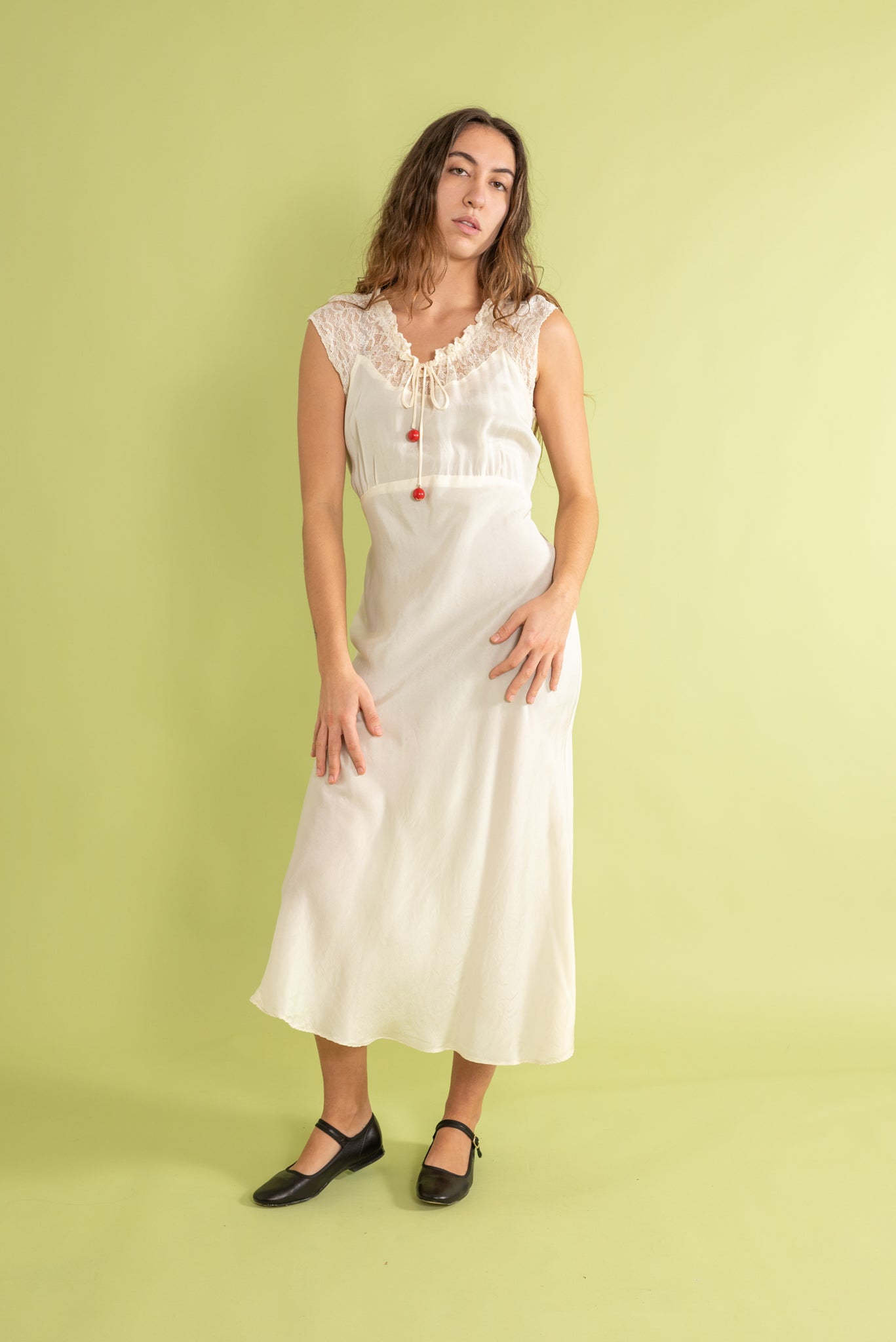 1930s NRA Ivory Silk Red Bauble Dress [sm/med]