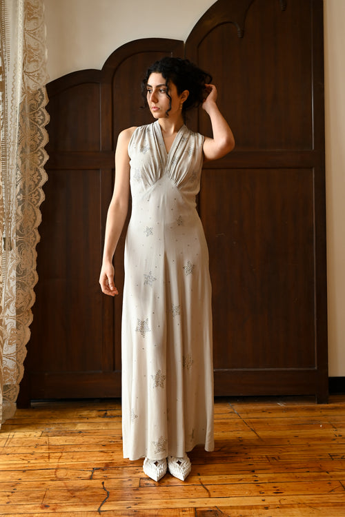 1930s Ice Blue Crepe Diamanté Star Gown