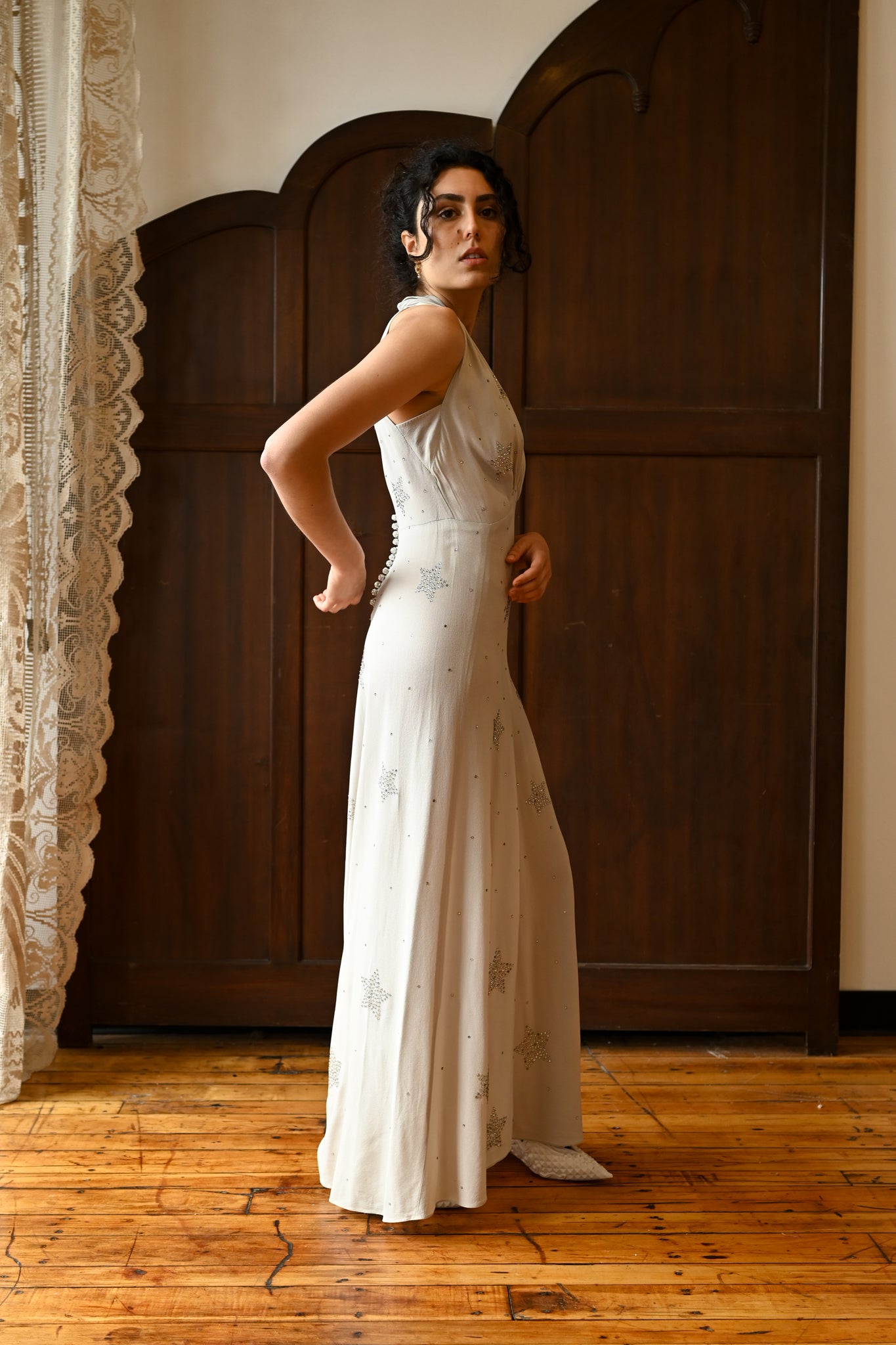 1930s Ice Blue Crepe Diamanté Star Gown