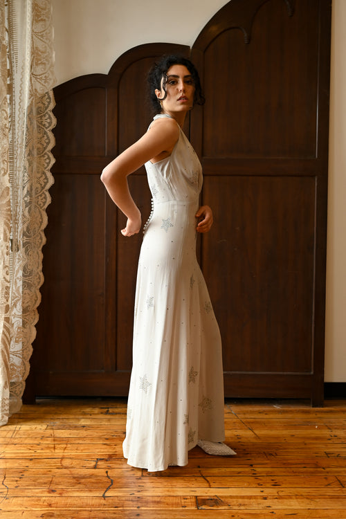 1930s Ice Blue Crepe Diamanté Star Gown