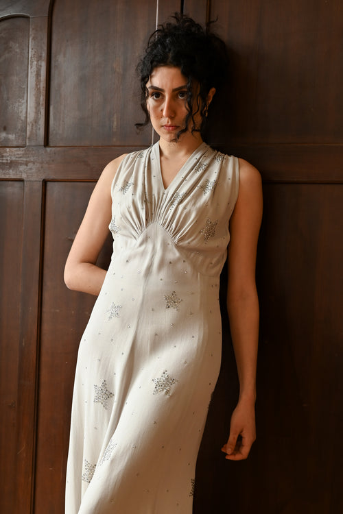 1930s Ice Blue Crepe Diamanté Star Gown