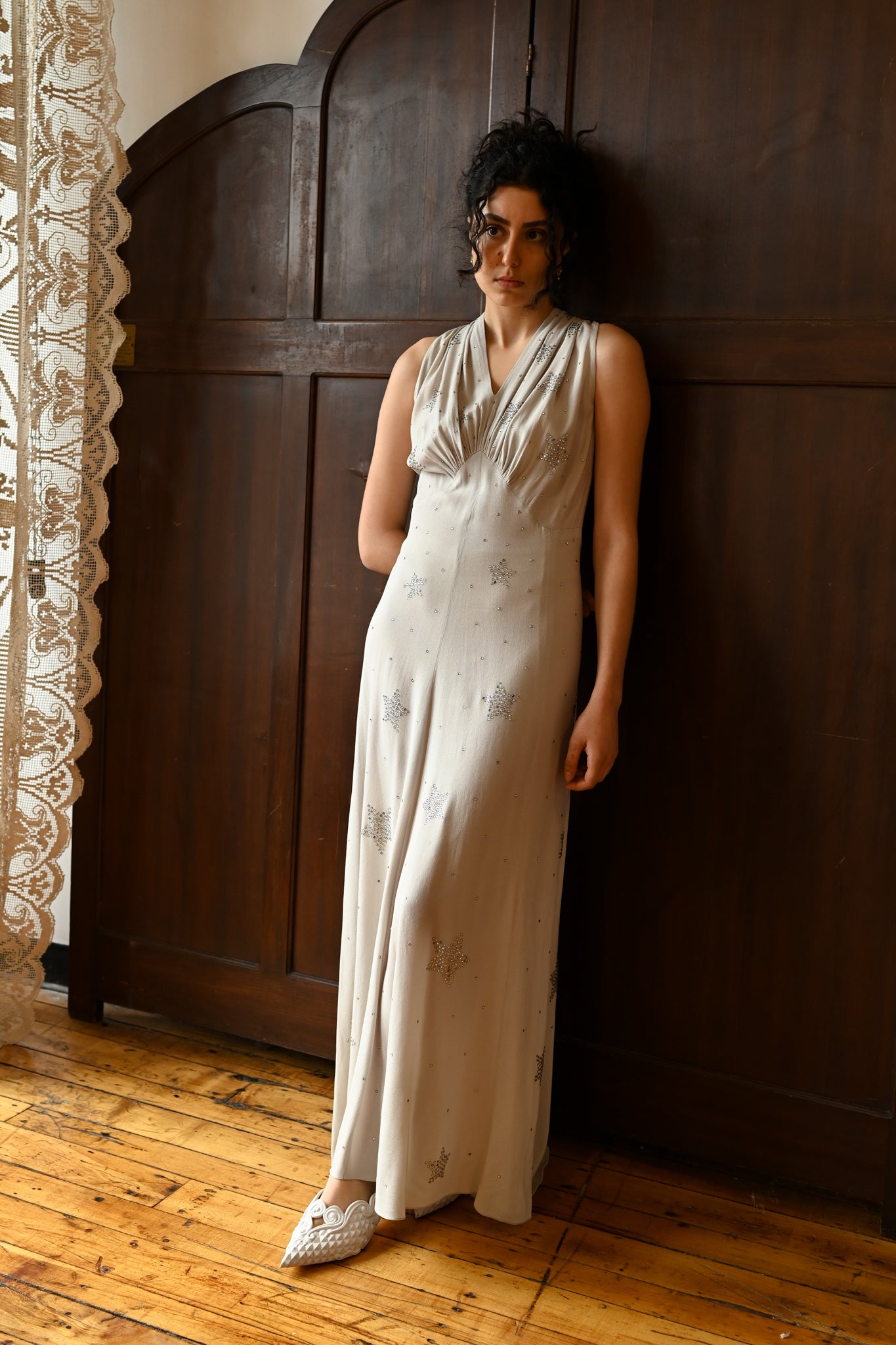 1930s Ice Blue Crepe Diamanté Star Gown