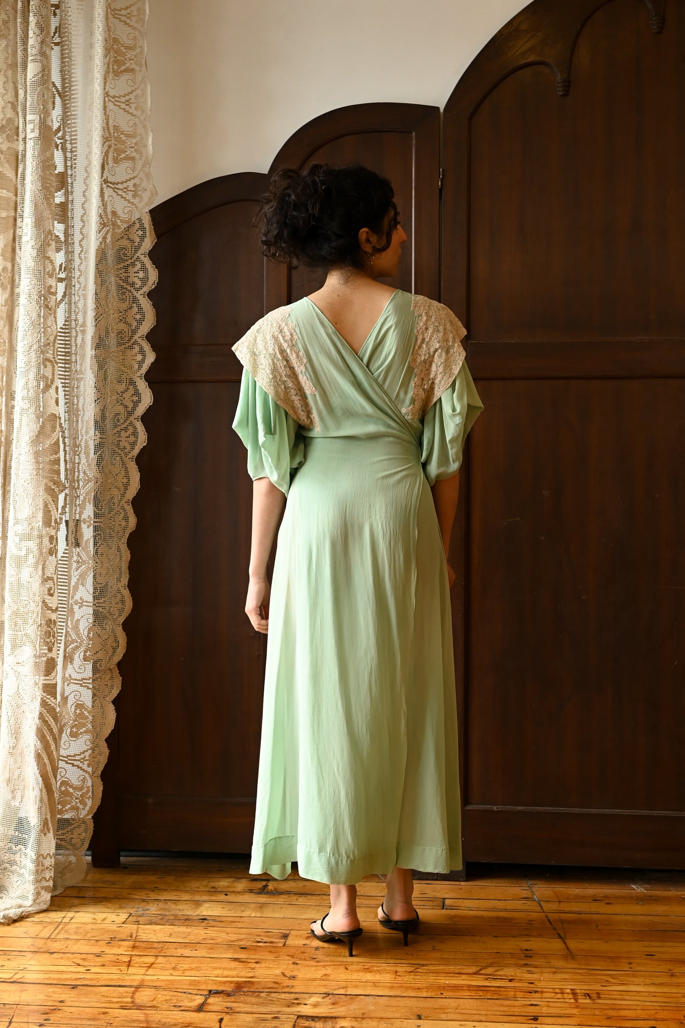 1930s Mint Silk + French Lace Wrap Dress