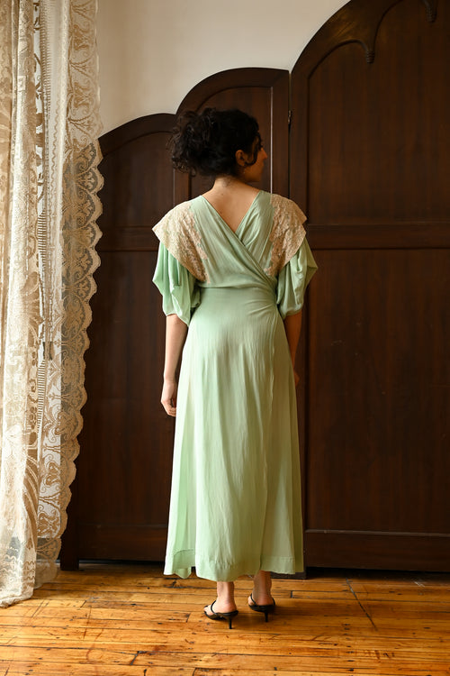 1930s Mint Silk + French Lace Wrap Dress