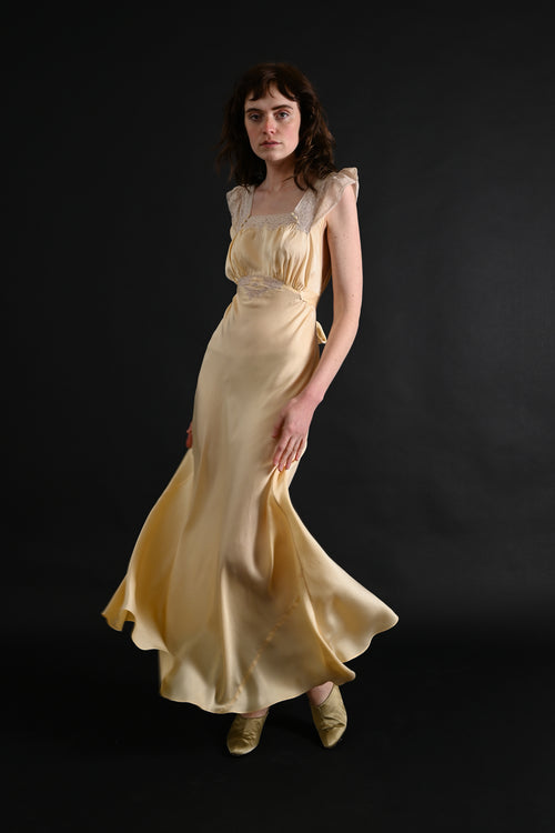 1930s Butter Yellow Silk and Lace Gown [xs/sm]
