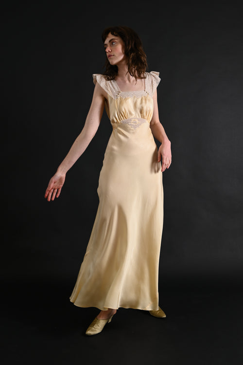 1930s Butter Yellow Silk and Lace Gown [xs/sm]