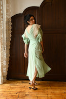 1930s Mint Silk + French Lace Wrap Dress