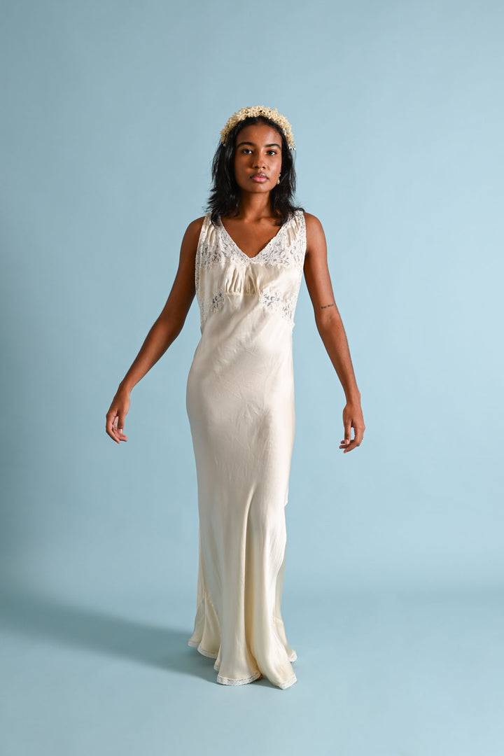 1930s Ivory Silk Cage Back Bias Gown [med/lrg/xl]
