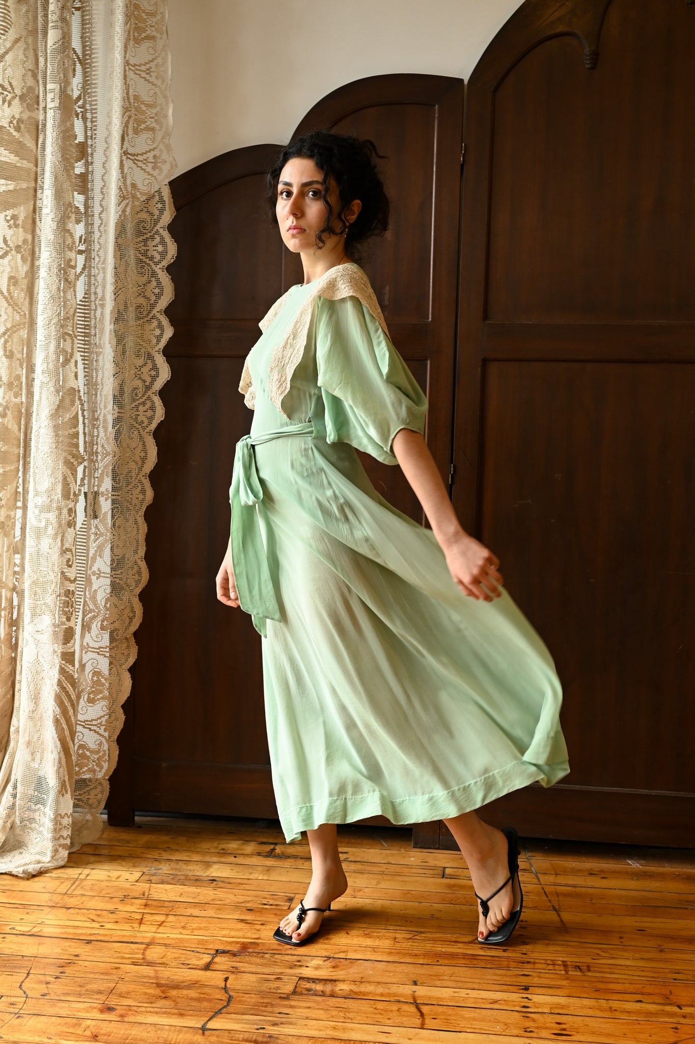 1930s Mint Silk + French Lace Wrap Dress