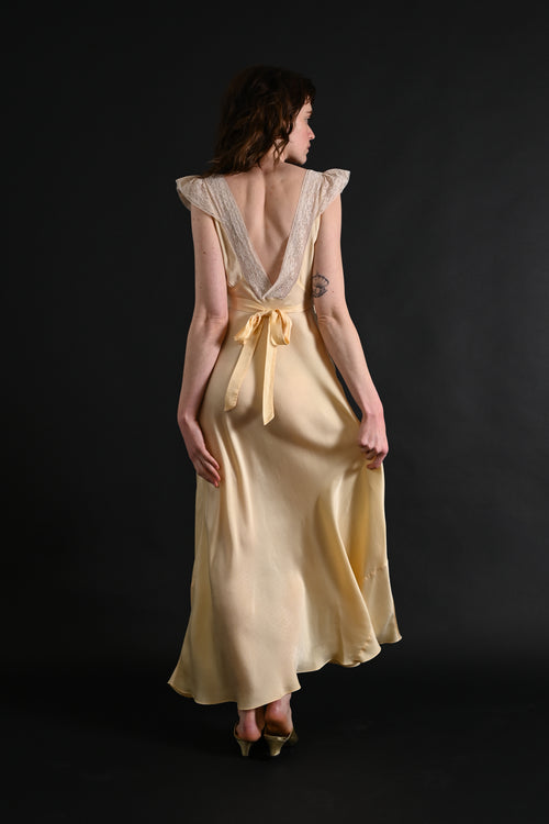 1930s Butter Yellow Silk and Lace Gown [xs/sm]