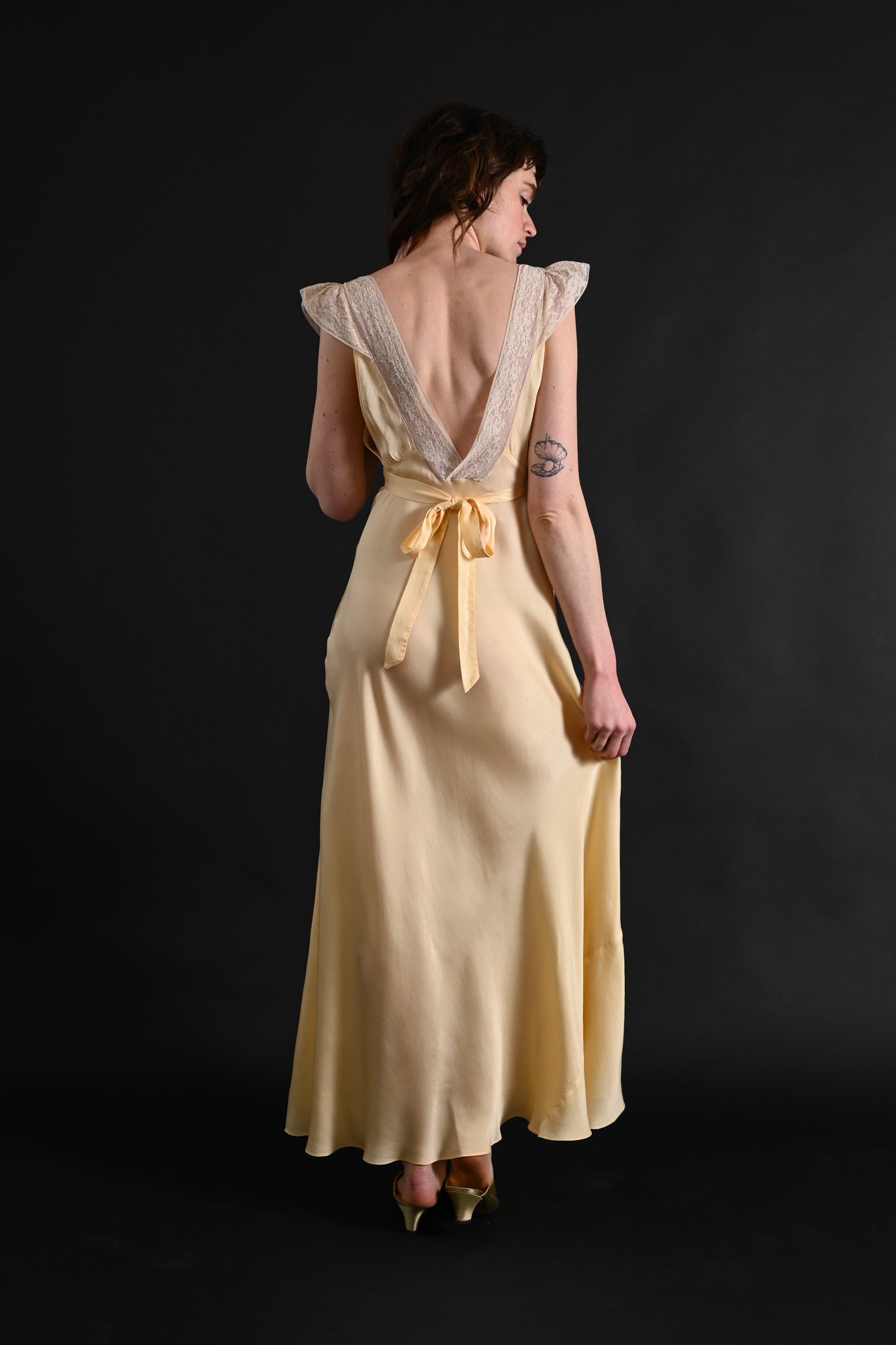 1930s Butter Yellow Silk and Lace Gown [xs/sm]