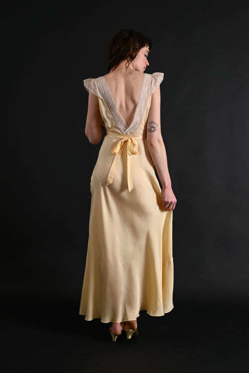 1930s Butter Yellow Silk and Lace Gown [xs/sm]