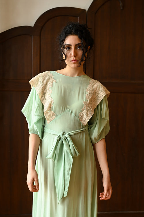 1930s Mint Silk + French Lace Wrap Dress