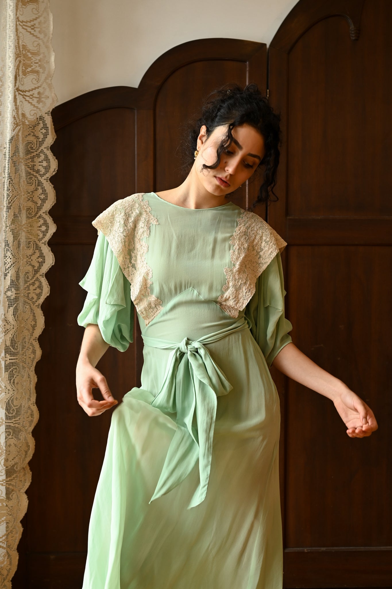 1930s Mint Silk + French Lace Wrap Dress