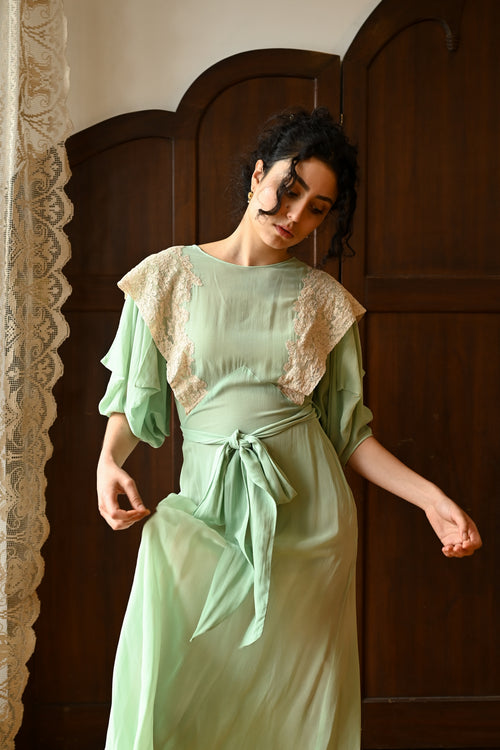 1930s Mint Silk + French Lace Wrap Dress