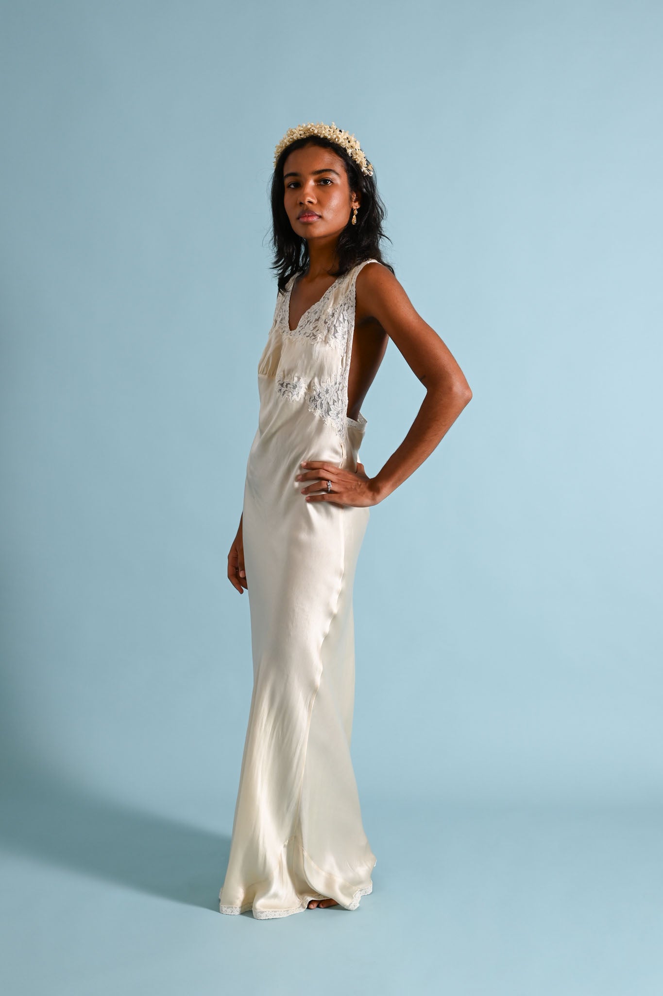 1930s Ivory Silk Cage Back Bias Gown [med/lrg/xl]