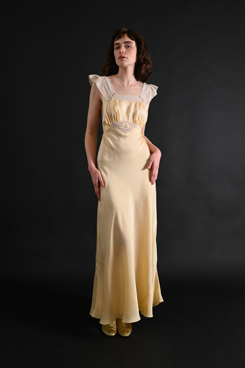 1930s Butter Yellow Silk and Lace Gown [xs/sm]
