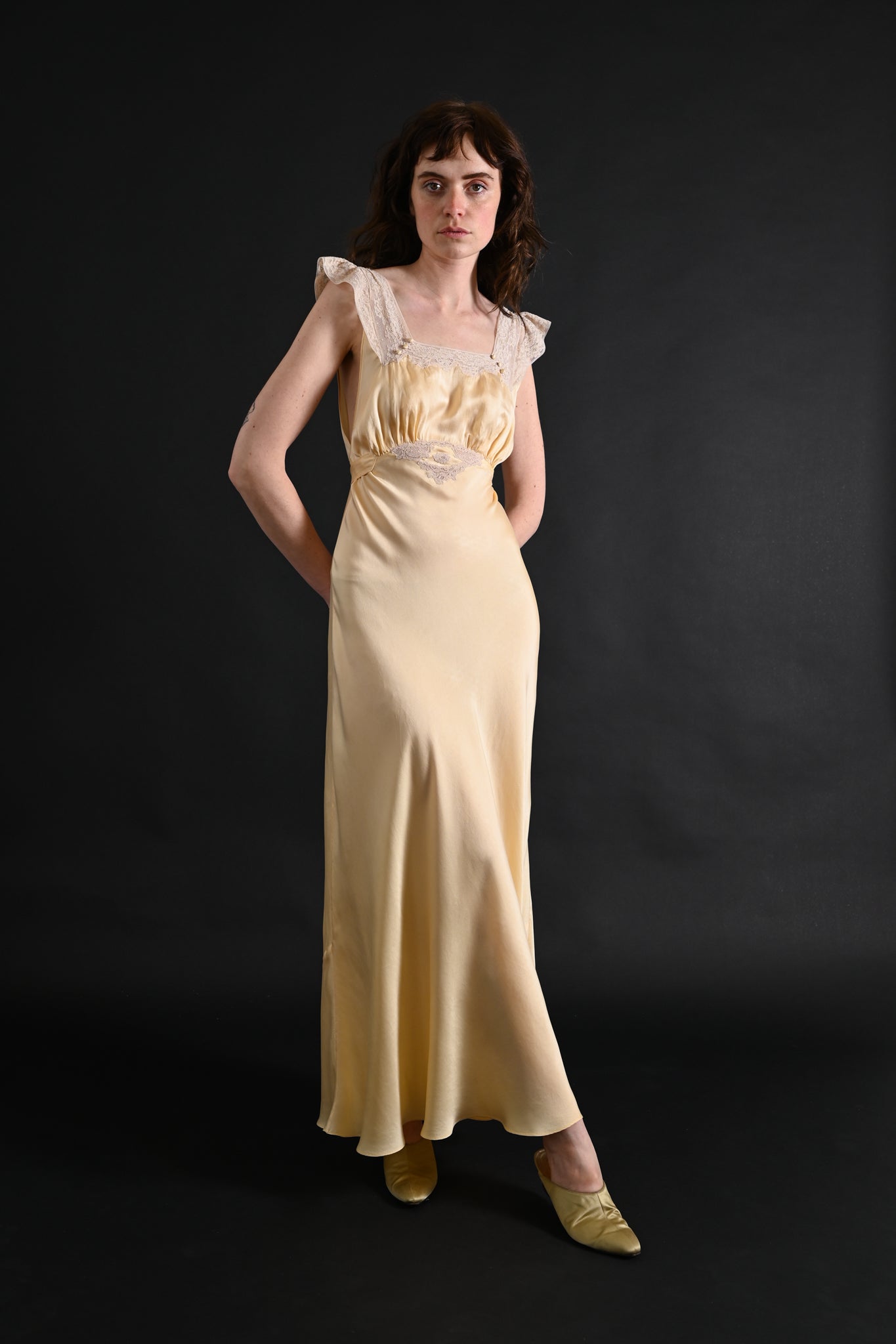 1930s Butter Yellow Silk and Lace Gown [xs/sm]