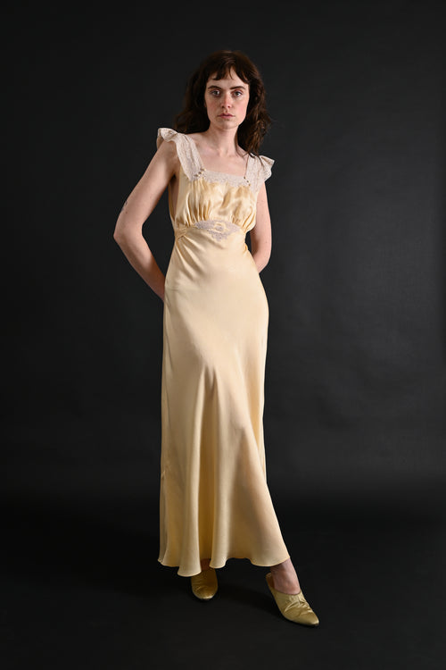 1930s Butter Yellow Silk and Lace Gown [xs/sm]