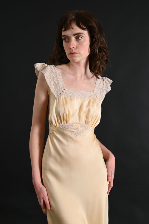 1930s Butter Yellow Silk and Lace Gown [xs/sm]