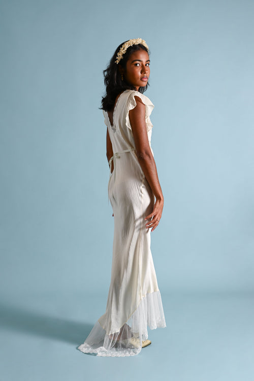 1930s Ivory Trained Blue Rosette Gown [med/lrg/xl]