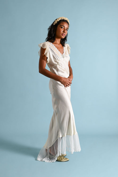 1930s Ivory Trained Blue Rosette Gown [med/lrg/xl]