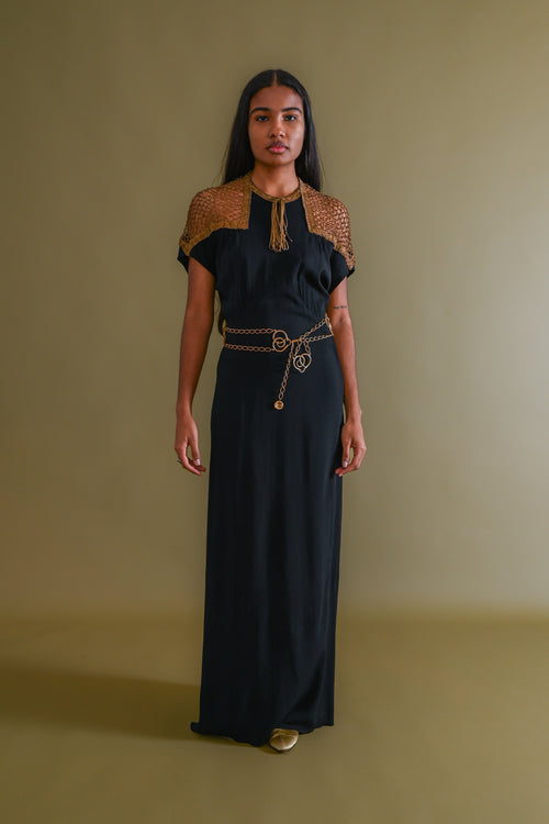 1930s Gold Bullion Cage Shoulder Silk Gown [med/lrg]