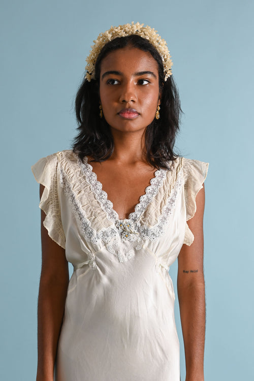 1930s Ivory Trained Blue Rosette Gown [med/lrg/xl]