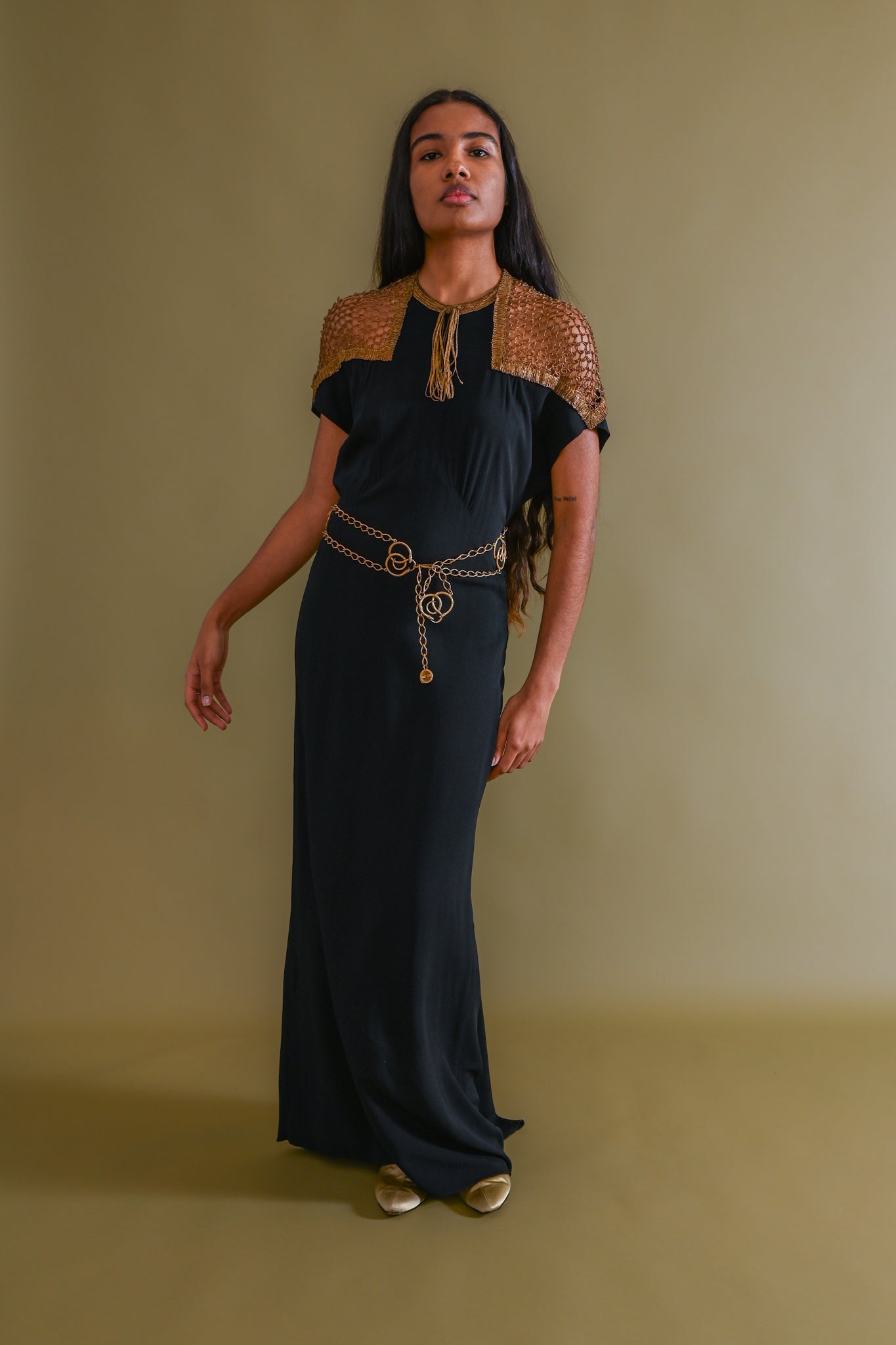 1930s Gold Bullion Cage Shoulder Silk Gown [med/lrg]