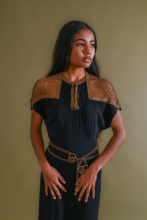 1930s Gold Bullion Cage Shoulder Silk Gown [med/lrg]