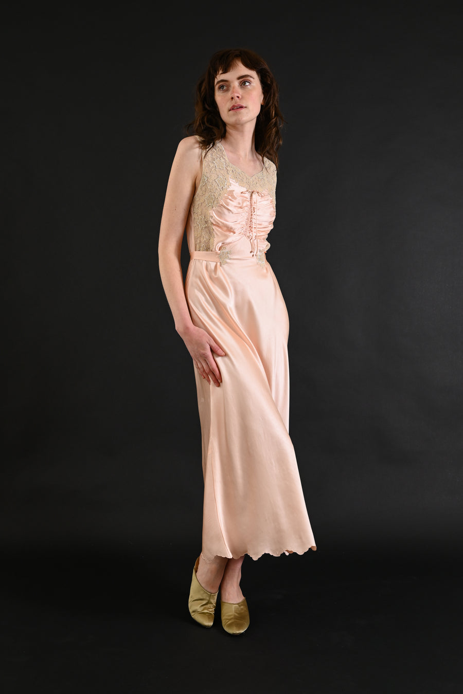 1930s Blush Silk Hand Embroidered Gown [sm/med/lrg]