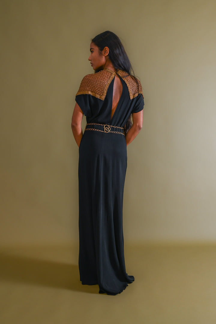 1930s Gold Bullion Cage Shoulder Silk Gown [med/lrg]