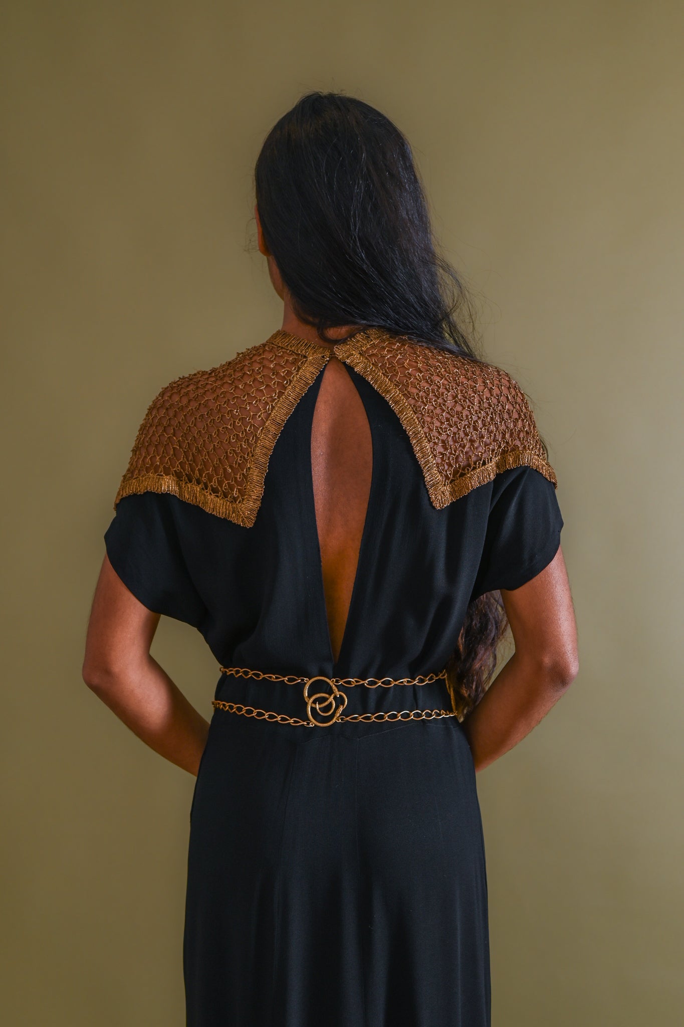 1930s Gold Bullion Cage Shoulder Silk Gown [med/lrg]