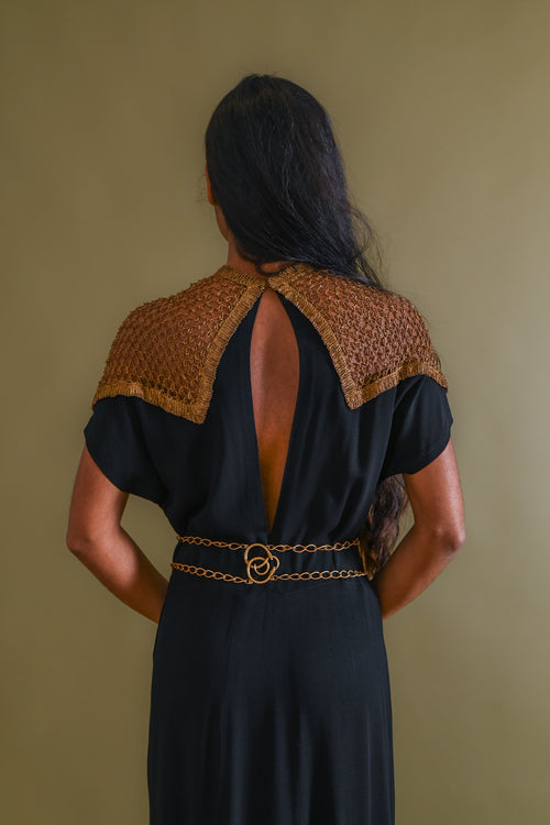 1930s Gold Bullion Cage Shoulder Silk Gown [med/lrg]