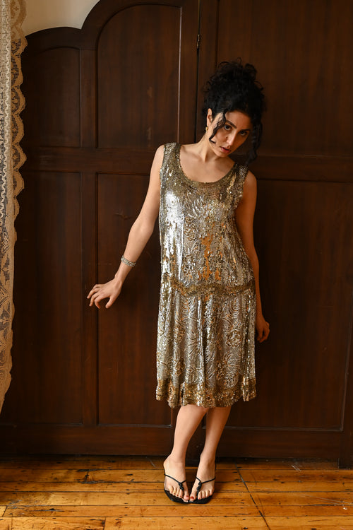 1920s French Couture Gold + Silver Sequin Flapper Dress
