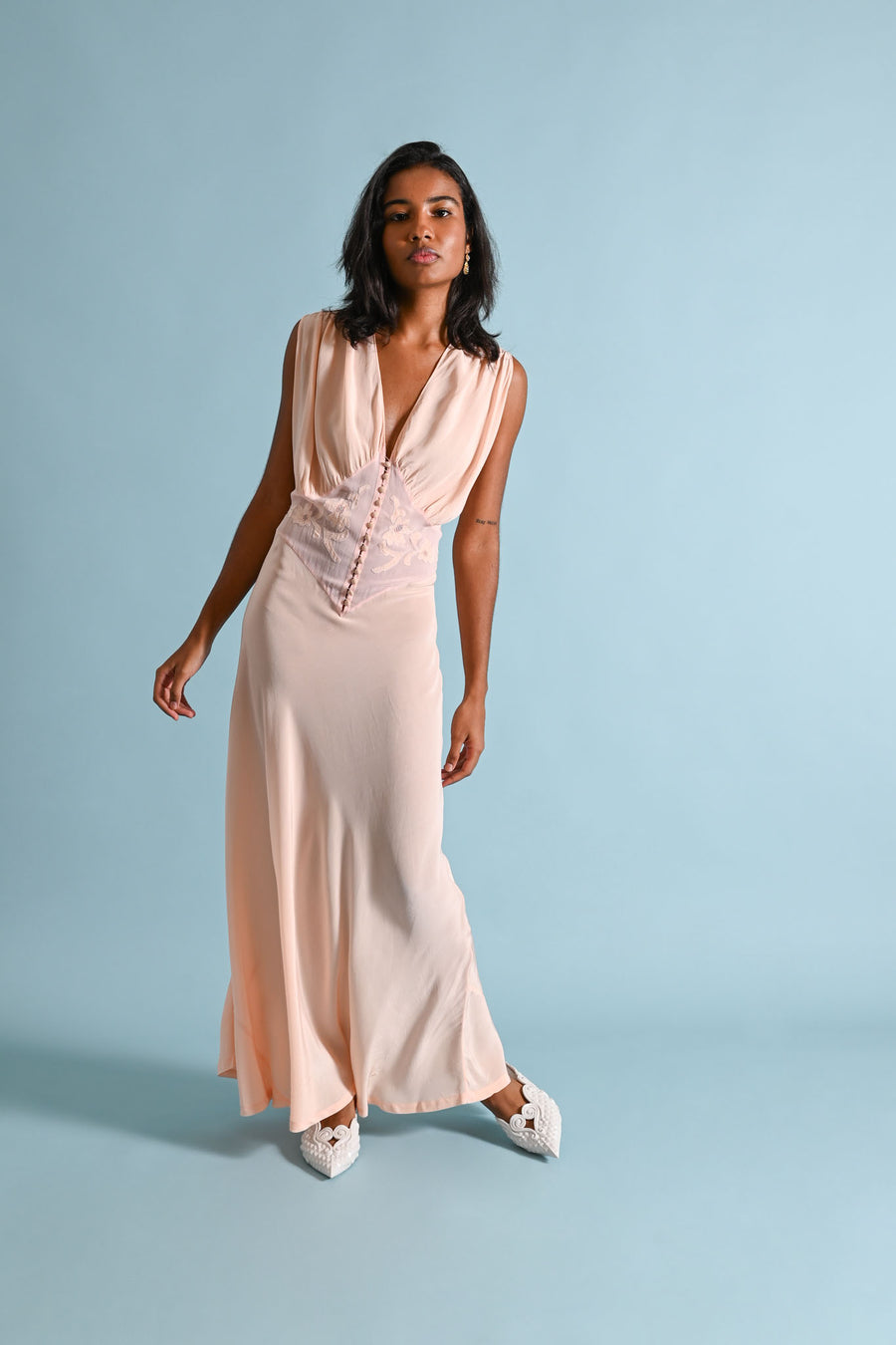 1930s Pink Silk Crepe Appliqué Gown [med/lrg]