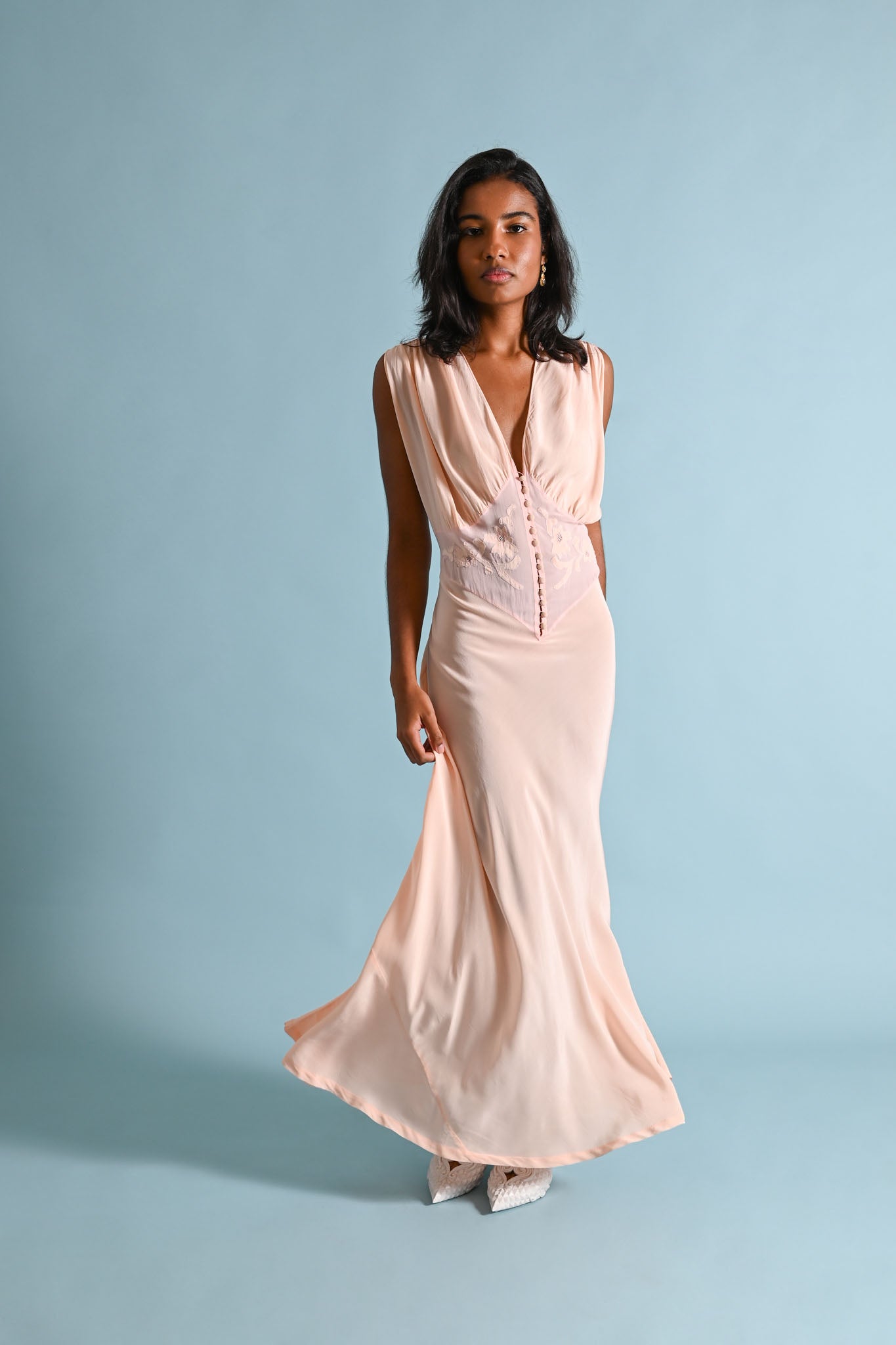 1930s Pink Silk Crepe Appliqué Gown [med/lrg]