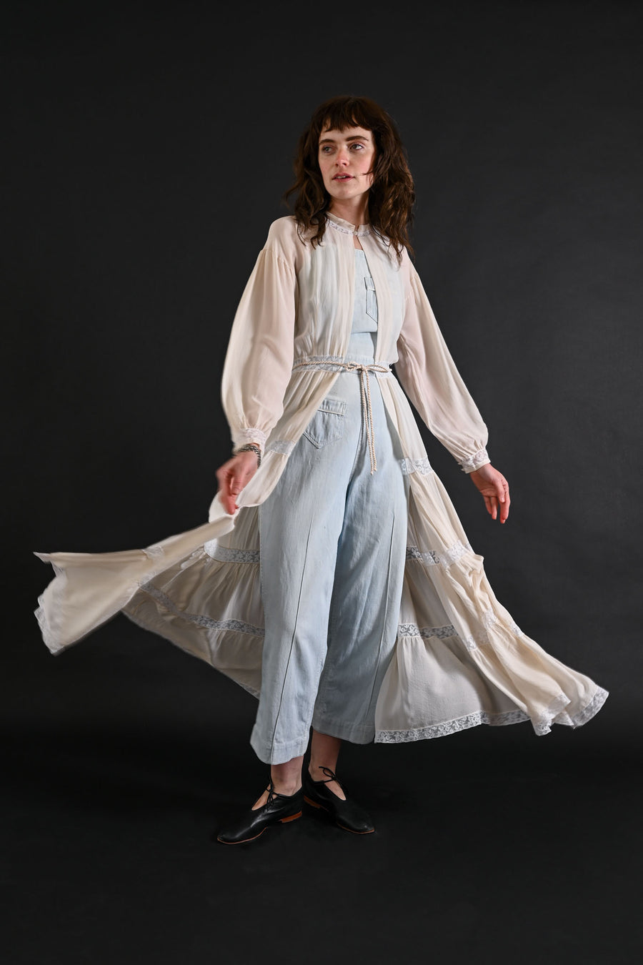 1930s Ivory Silk Chiffon Tiered Peignoir [xs/sm]