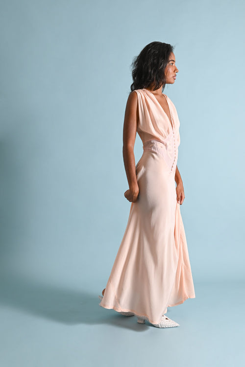 1930s Pink Silk Crepe Appliqué Gown [med/lrg]