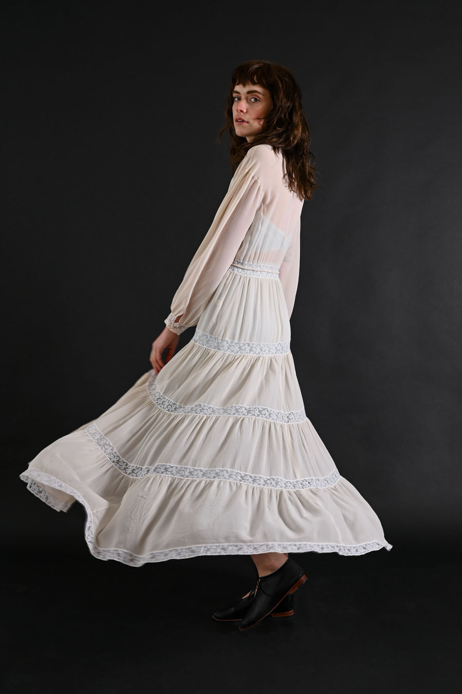 1930s Ivory Silk Chiffon Tiered Peignoir [xs/sm]
