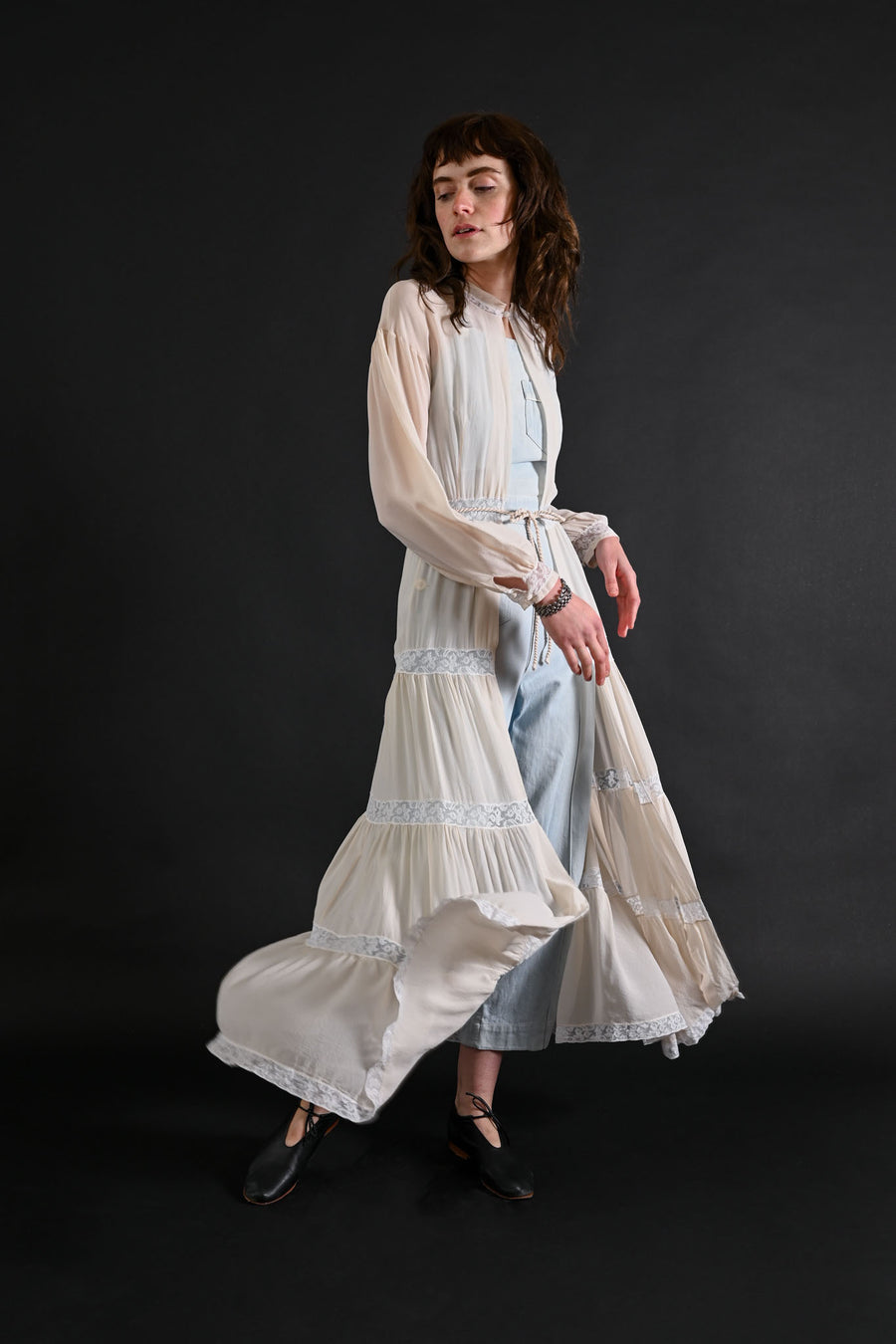 1930s Ivory Silk Chiffon Tiered Peignoir [xs/sm]